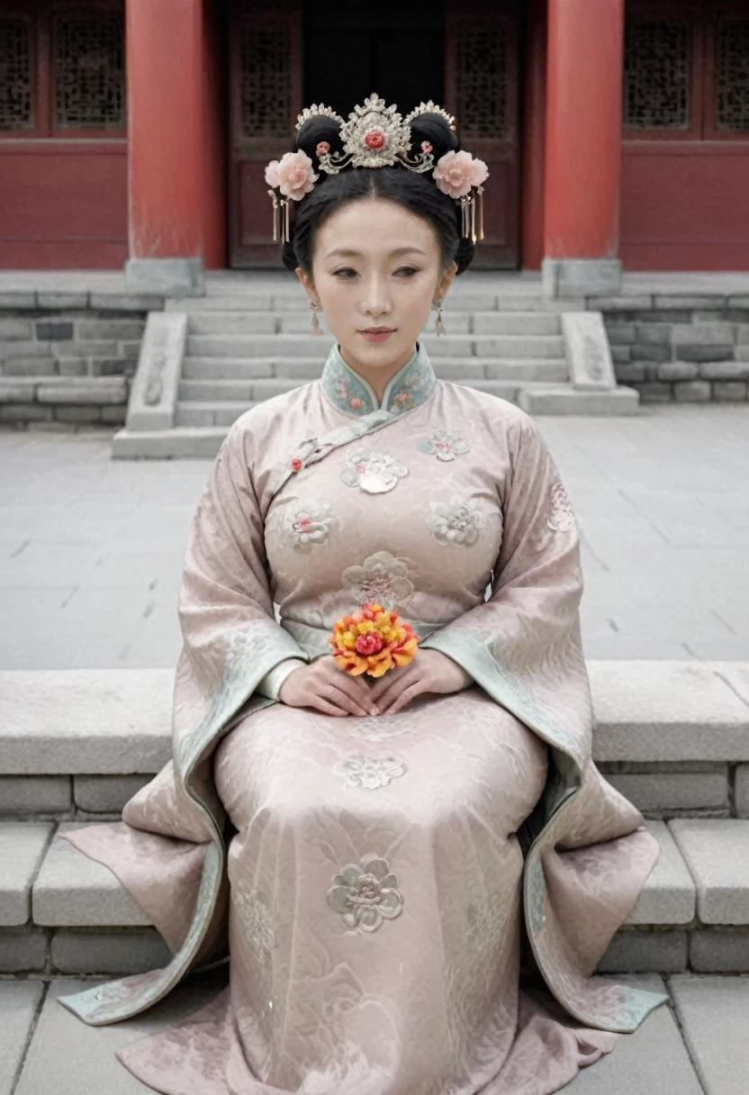 Front view full body view of Qing Dynasty Empress in Chinese palace during Qing Dynasty. She is naked and has large breasts. She is wearing a crown and a flower hairpin.、. The background is the stone paving of a Chinese palace during the Qing Dynasty..