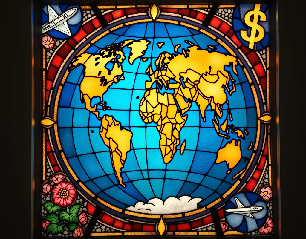 Create an art about globalization. Make it like the stained glass on church windows. Include objects relating to or depicting economy , finance , culture. Diversity, travel, education. Peace, wonders of the world, internet. Just use 1 single big stained glass. Add details like the wonders of the world , dollar peso euro yen sign , food, music, gears , internet , connectivity. Fit to screen. More details. Add 1 plane, 2 suitcase ,3 cogs , money sign , eiffel tower , pyramid , statue of liberty. Just a single big window. Make the globe smaller and the other details bigger. Remove the flowers. Use white line to connect countries together. Show stock prices going up , show books , show phones, laptop, road , airplane , money. Smaller globe