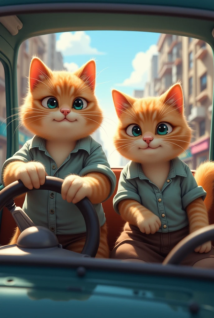 A pair of cute chubby cats are in a car, with the male cat behind the wheel, concentrating on driving, while the female cat sits beside him, looking relaxed and pampered. Both cats are dressed in casual, human-like clothing, giving the scene a charming and whimsical vibe as they enjoy their drive together. camera position in front of car, location in city street.