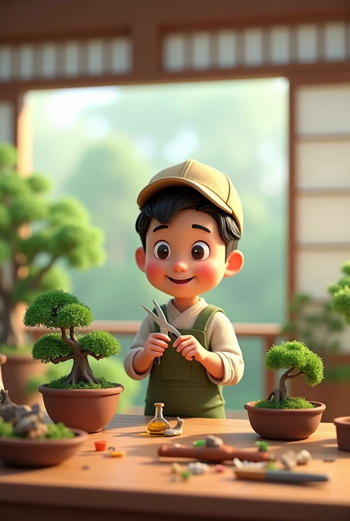 Create a 3D cartoon image of an adult Japanese man wearing a cap holding a pair of pruning shears in his hand.  No fundo, a blurred image of a Japanese style room with a large window. In front of the character, a table with several bonsai trees and gardening materials on the table.