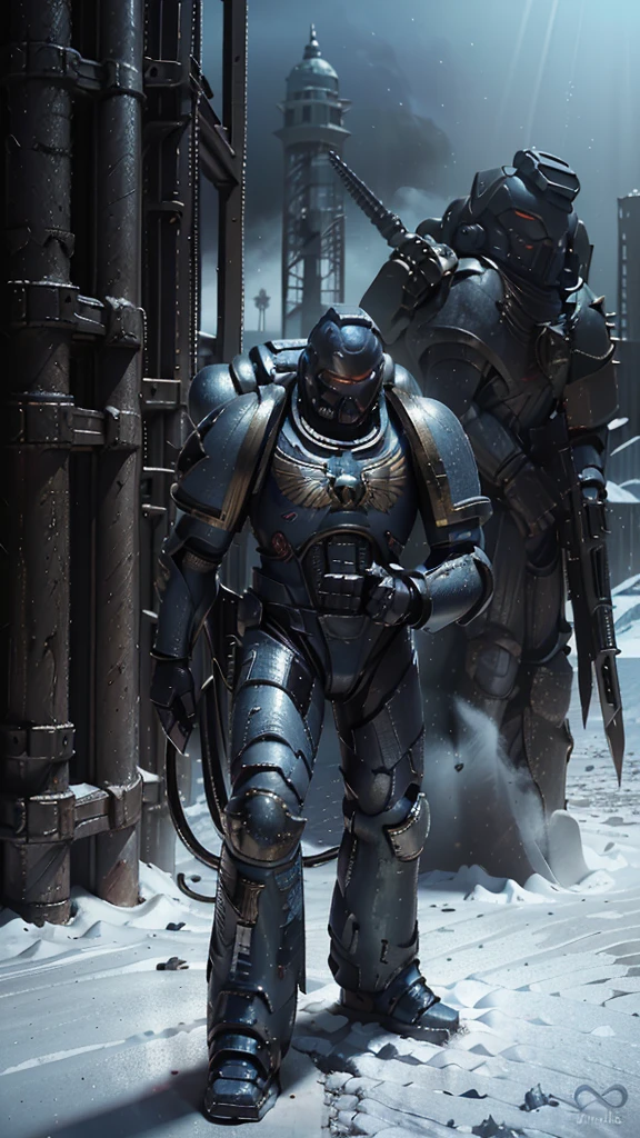 A light-blue and white space marine troop, in an ice plain, during a snowstorm, ((light-blue and white armor, St99rong suit , dramatic light, space marine, light blue armor, fighting pose, snowstorm, snow mountains in the background, a dreadnout in the background, space marine mask, chainsaw sword, strong man, masterpiece, space marine,(Epic armor, metal reflections), hdr, best quality, uhd, 8k resolution, best light, realistic, detailed background, detailed face, detailed hands, full body, (city ruins)(open field surrounded by fire), (alien planet), (spaceships flying in the sky) (white armor highlights) high detailed mask, Warhammer Adeptus, Adeptus Masck
