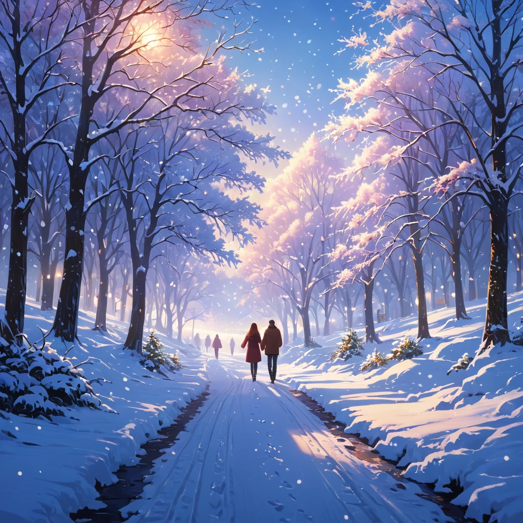 "Create a wallpaper featuring a couple walking through a snowy landscape. The design should include falling snowflakes, snow-covered trees, and cozy winter clothing, evoking a peaceful and romantic winter scene."
High resolution, masterpiece, accurate, bestquality, High detail, high quality, Very detailed, dark,longhairVery detailed, Ultra high definition,