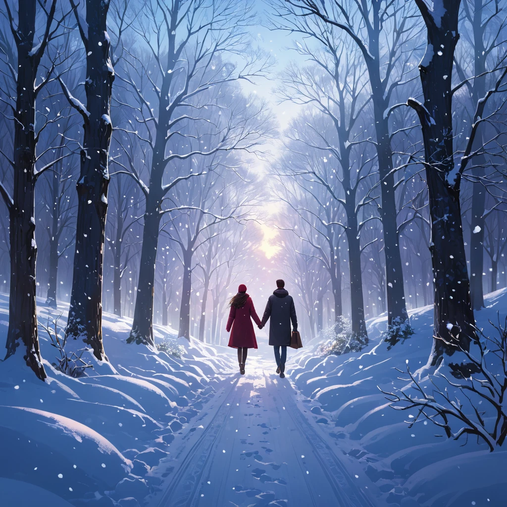 "Create a wallpaper featuring a couple walking through a snowy landscape. The design should include falling snowflakes, snow-covered trees, and cozy winter clothing, evoking a peaceful and romantic winter scene."

High resolution, masterpiece, accurate, bestquality, High detail, high quality, Very detailed, dark,longhairVery detailed, Ultra high definition, 