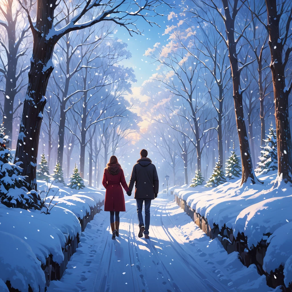 "Create a wallpaper featuring a couple walking through a snowy landscape. The design should include falling snowflakes, snow-covered trees, and cozy winter clothing, evoking a peaceful and romantic winter scene."
High resolution, masterpiece, accurate, bestquality, High detail, high quality, Very detailed, dark,longhairVery detailed, Ultra high definition,
