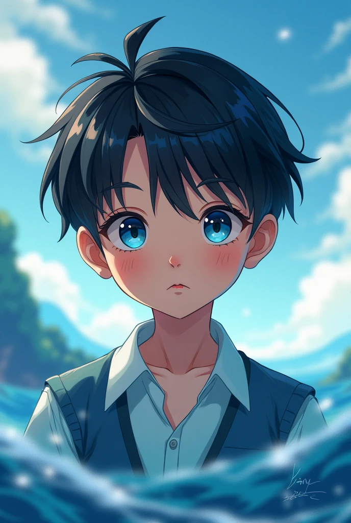 Young guy of 14, short Chinese black hair, eyes like the blue ocean, artist
Anime style
