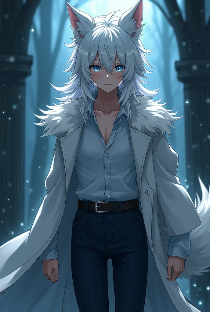 A teenage anime boy who's 6'3 and has fair skin,white hair,blue eyes and jas ergokinesis and has a wolf tail and wolf ears