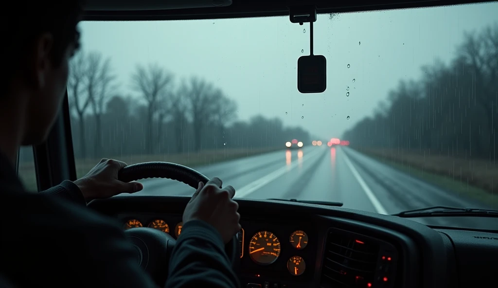 Image from inside a truck cab, It's a rainy and dark day outside