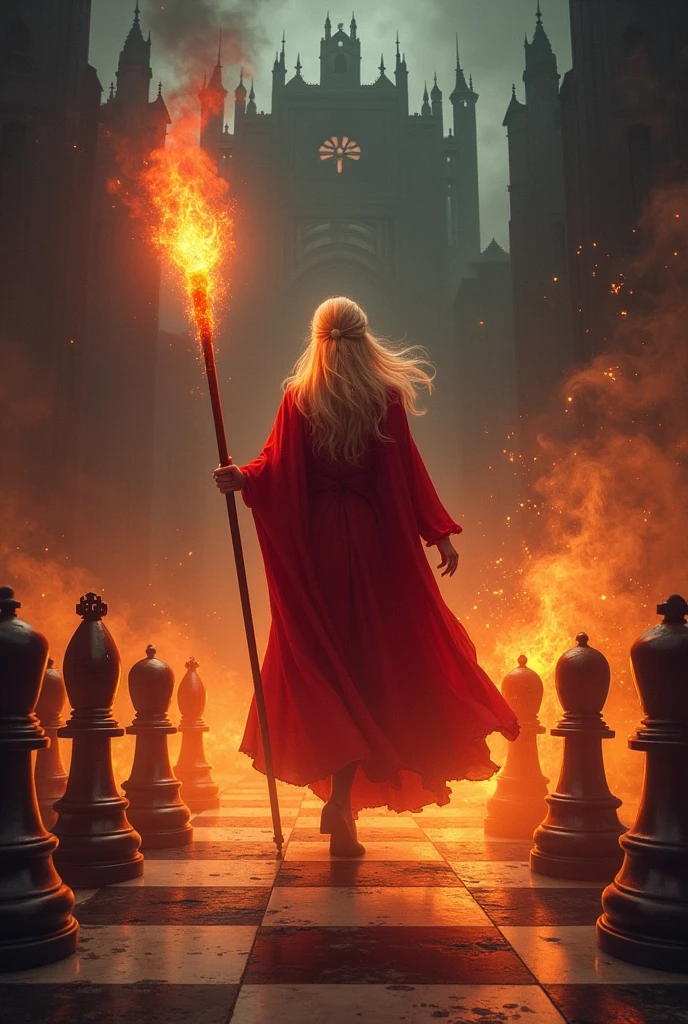 The queen, a powerful female fire mage in a red robe, stands at the center of the chessboard, her large and long red staff glowing with fiery magic. As she walks toward the dark castle at the end of the chessboard, she summons a wave of flames that illuminate the path ahead. The chessboard, detailed and ominous, is bathed in the flickering light of her magic, with dark shadows dancing around her. The background is dark and foreboding, emphasizing the queen's magical power as she moves through this intense and mysterious landscape.