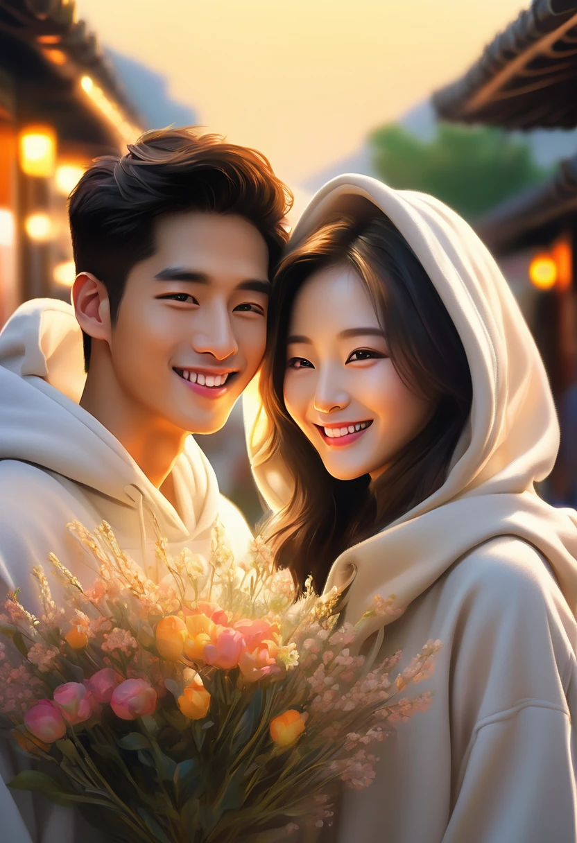 omantic korean couple, boy with bouquet of flowers hidden behind his back, girl with smile, looking at his face, soft focus background, twilight light casting a warm glow on their ecstatic faces, delicate smiles as they look into each other's eyes, delicate hooded clothes, high resolution portrait, golden hour, F 2.5 aperture, ultra realistic, digital painting