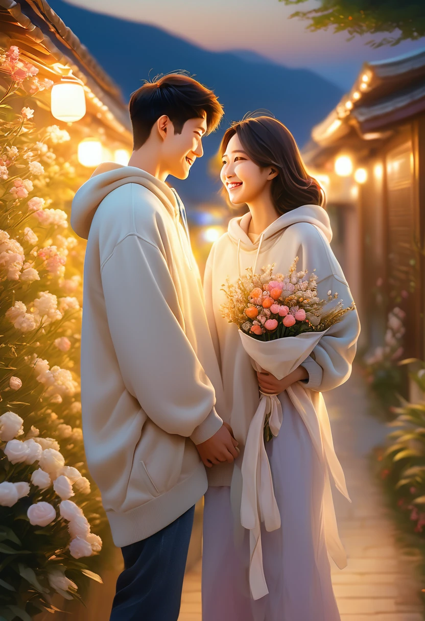 omantic korean couple, boy with bouquet of flowers hidden behind his back, girl with smile, looking at his face, soft focus background, twilight light casting a warm glow on their ecstatic faces, delicate smiles as they look into each other's eyes, delicate hooded clothes, high resolution portrait, golden hour, F 2.5 aperture, ultra realistic, digital painting