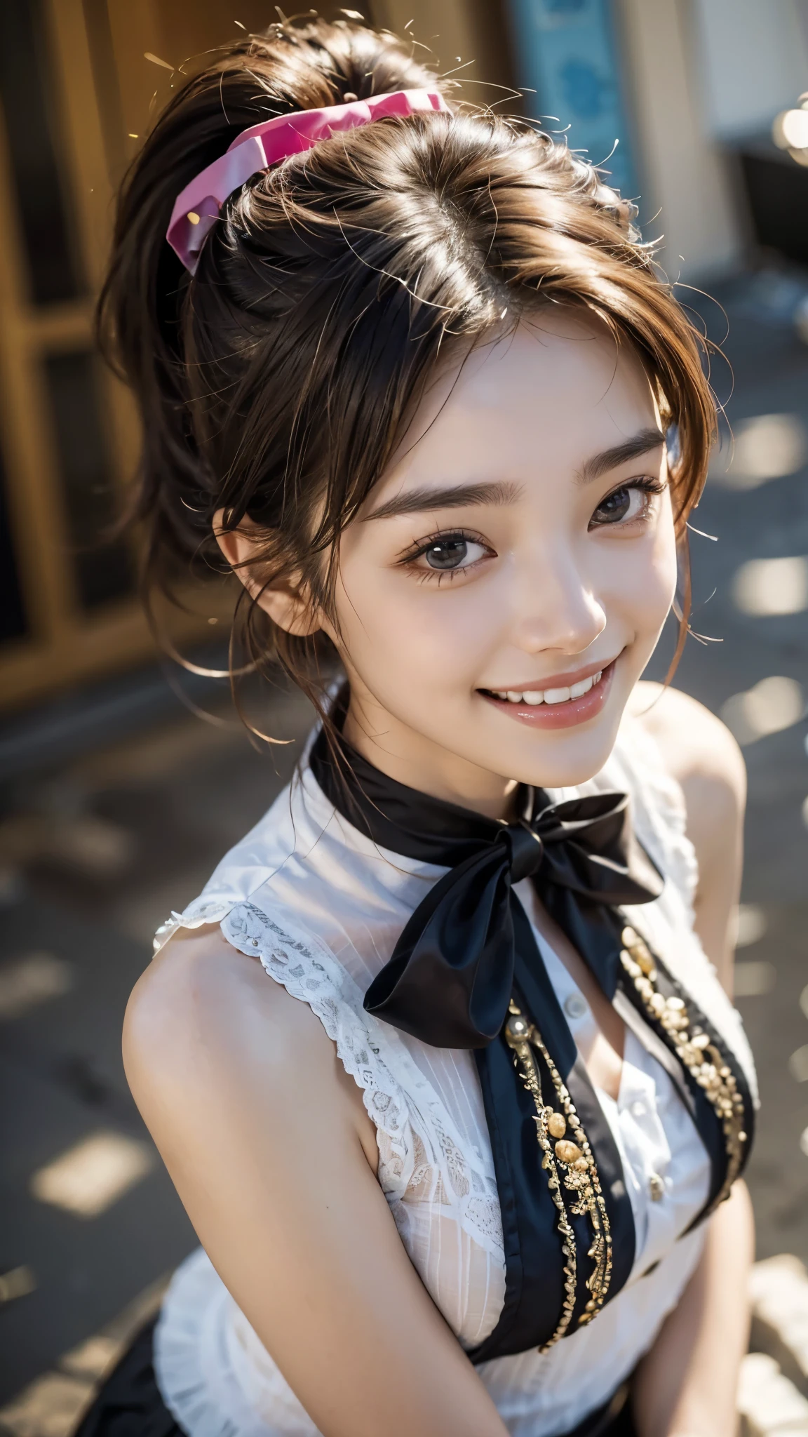 Highest quality, masterpiece, Ultra-high resolution,8k,((Toothy smile portrait:1.4)), (Realistic:1.6), ((A radiant smile)), RAW Photos,((Korean drama appearances)),((Soft looking breasts)),((Full body photo)),1 person,Slim 22 year old adult female,(Full of smiles, )) ,((Ponytail and hair tie)),((Ribbon in hair)),((Looking up at the audience)),Face Focus:1.4,((Photographed from above with a fisheye lens:1.15)),