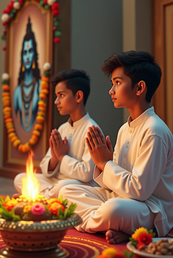 A Indian two young brother, both 20 years old, are seated and praying in front of a Shivling adorned with flowers and belpata (green leaves). Behind them, there's a floral board with an image of Lord Shiva. They Both are wearing a white kurta , Both of them have stylish hair and look very cute, enhancing the spiritual or religious ambiance.