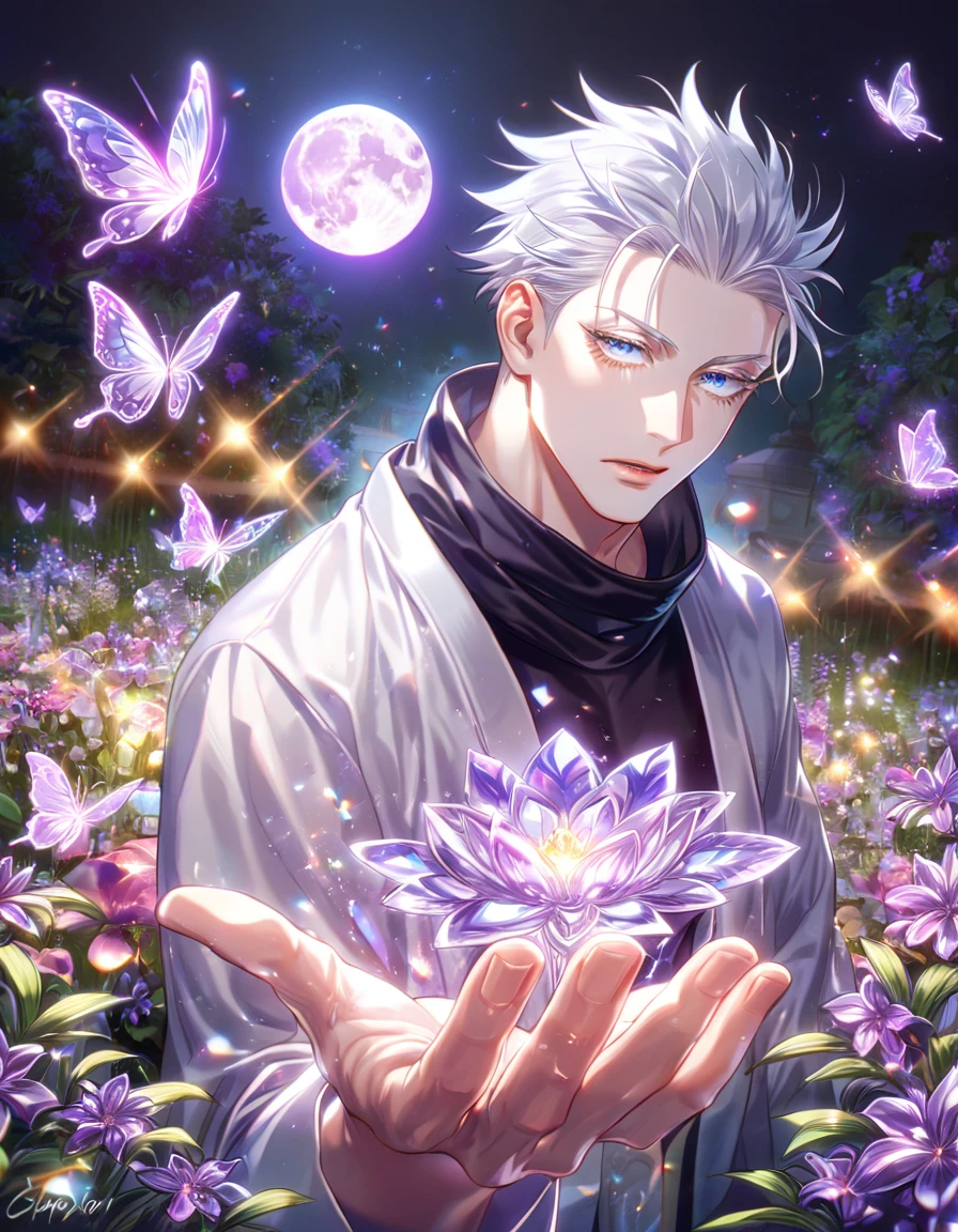 (absurdres, highres, ultra detailed, HDR) master piece, best quality, extremely detailed, delicated features, Gojou Satoru, white hair, slicked back hair, ruffled hair, expressive blue eyes, white eyelashes, Jujutsu Kaisen, solo, sexy man, handsome, sensual, black tight T-shirt, white haori, black scarf, fantasy, magical, glittering, shining, purple flames, purple moon, purple flowers, purple butterflies, garden