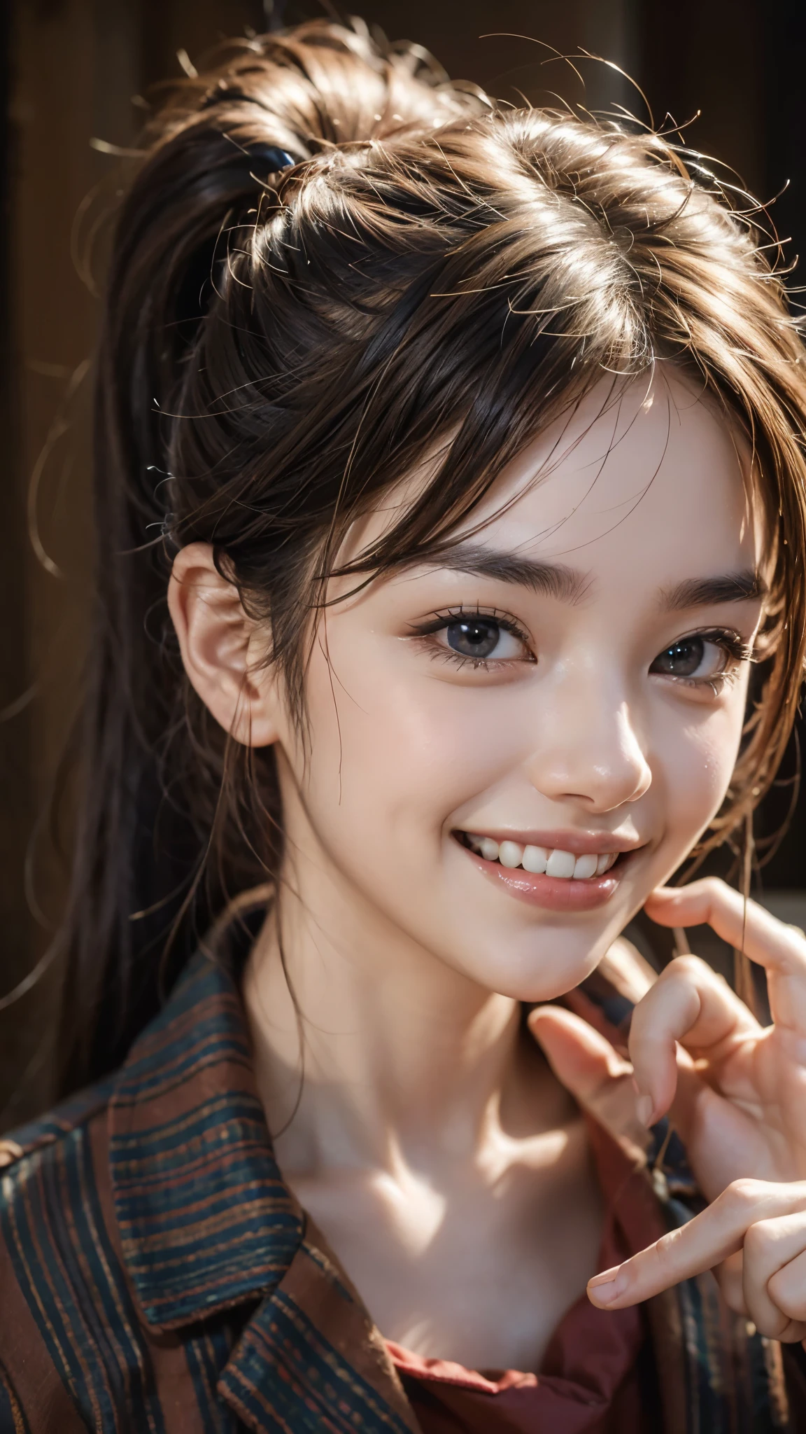 Highest quality, masterpiece, Ultra-high resolution,8k,((Toothy smile portrait:1.4)), (Realistic:1.6), ((A radiant smile)), RAW Photos,((Red formal suit)),((Soft looking breasts)),((Full body photo)),1 person,Slim 22 year old adult female,(Full of smiles, )) ,((Ponytail and hair tie)),((Ribbon in hair)),((Looking up at the audience)),Face Focus:1.4,((Photographed from above with a fisheye lens:1.15)),