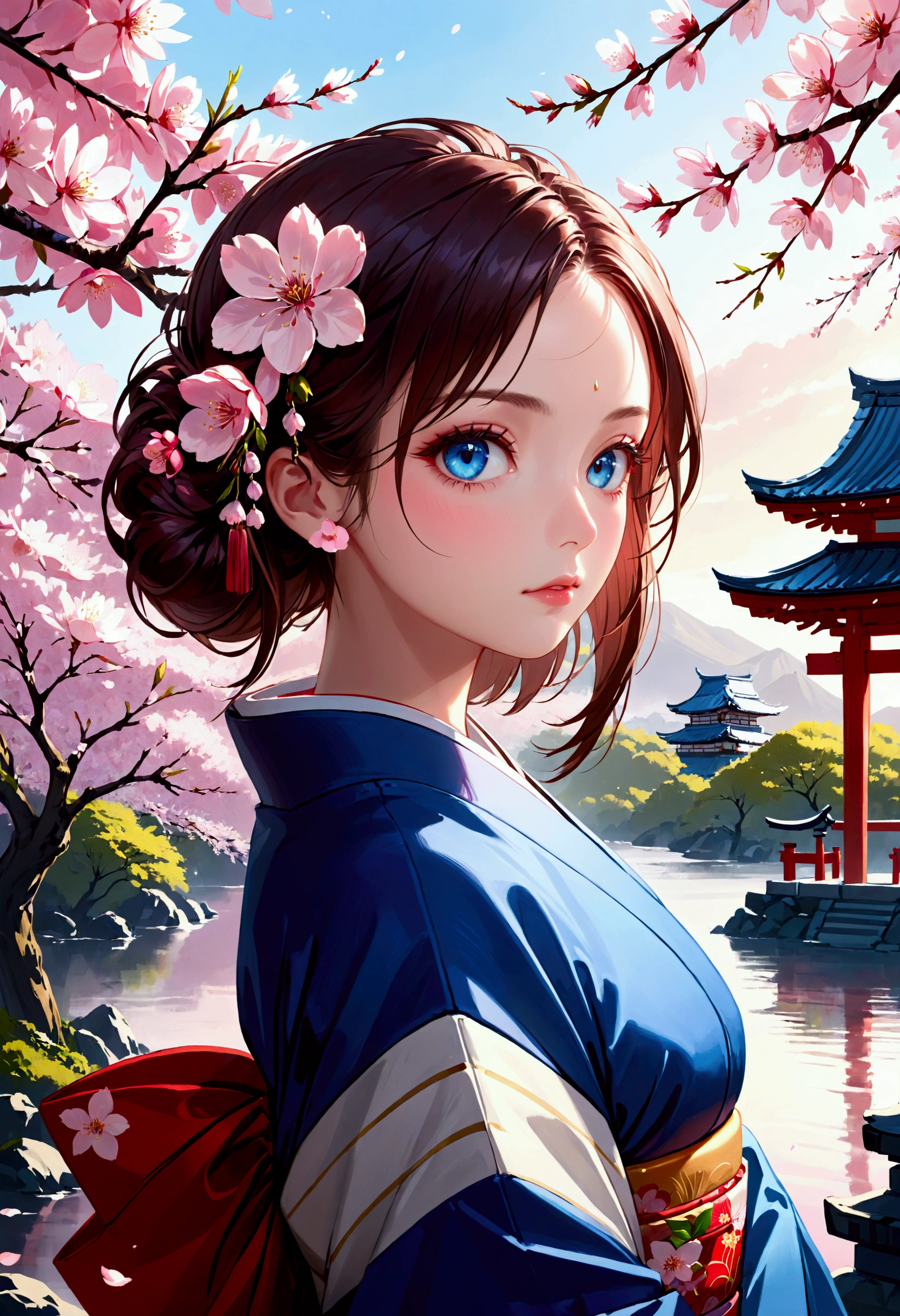 (masterpiece, best quality:1.2), solo focus, upper body, 1girl, beautiful detailed blue eyes, beautiful detailed lips, extremely detailed face, long eyelashes, japanese clothes, kimono, cherry blossom trees, atmospheric lighting, vibrant colors, cinematic lighting, detailed scenery