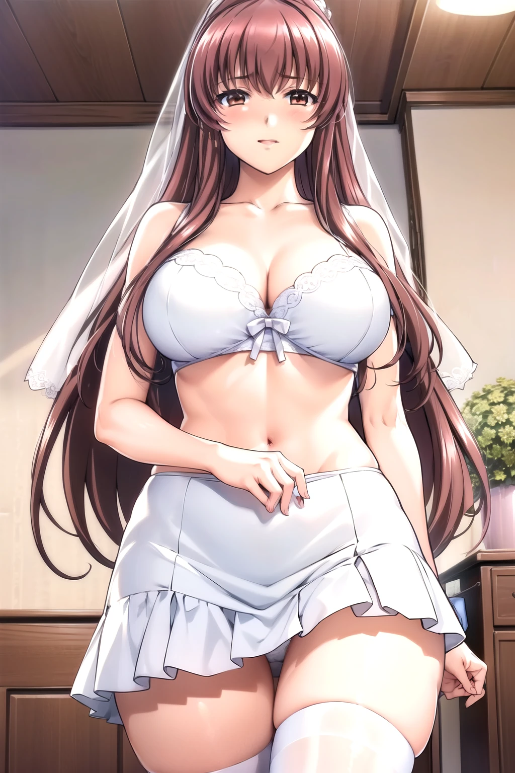 white bra, white lace, white panty, bride, veil, Pink Hair,Long hair,Bangs, brown Eye, Eyebrows visible through hair, Hair intake, 1 girl, 20 years old,Young women,beautiful Finger,beautiful long legs,beautiful body,beautiful Nose,beautiful character design, perfect Eye, perfect Face,expressive Eye,Perfect balance, Looking at the audience,(Focus on her Face),Shut up, (Innocent_Large target_Eye:1.0),Light_Smile, Official Art,Extremely detailed CG unity 8k wallpaper, Perfect lighting,rich and colorful, bright_front_Face_Lighting,有Light泽的皮肤, (masterpiece:1.0),(the best_quality:1.0), 超high resolution,4K,Extremely detailed, photography, 8K, HDR, high resolution, absurd:1.2, Kodak Portra 400, Film Grain, Blurred background, Bokeh:1.2, 镜头Light晕, (Energetic_color:1.2),专业photography师, (beautiful,Large target_breast:1.4), (beautiful_Face:1.5),(narrow_waist), white bra, white lace, white panty, bride, veil, smile, happy, underwear