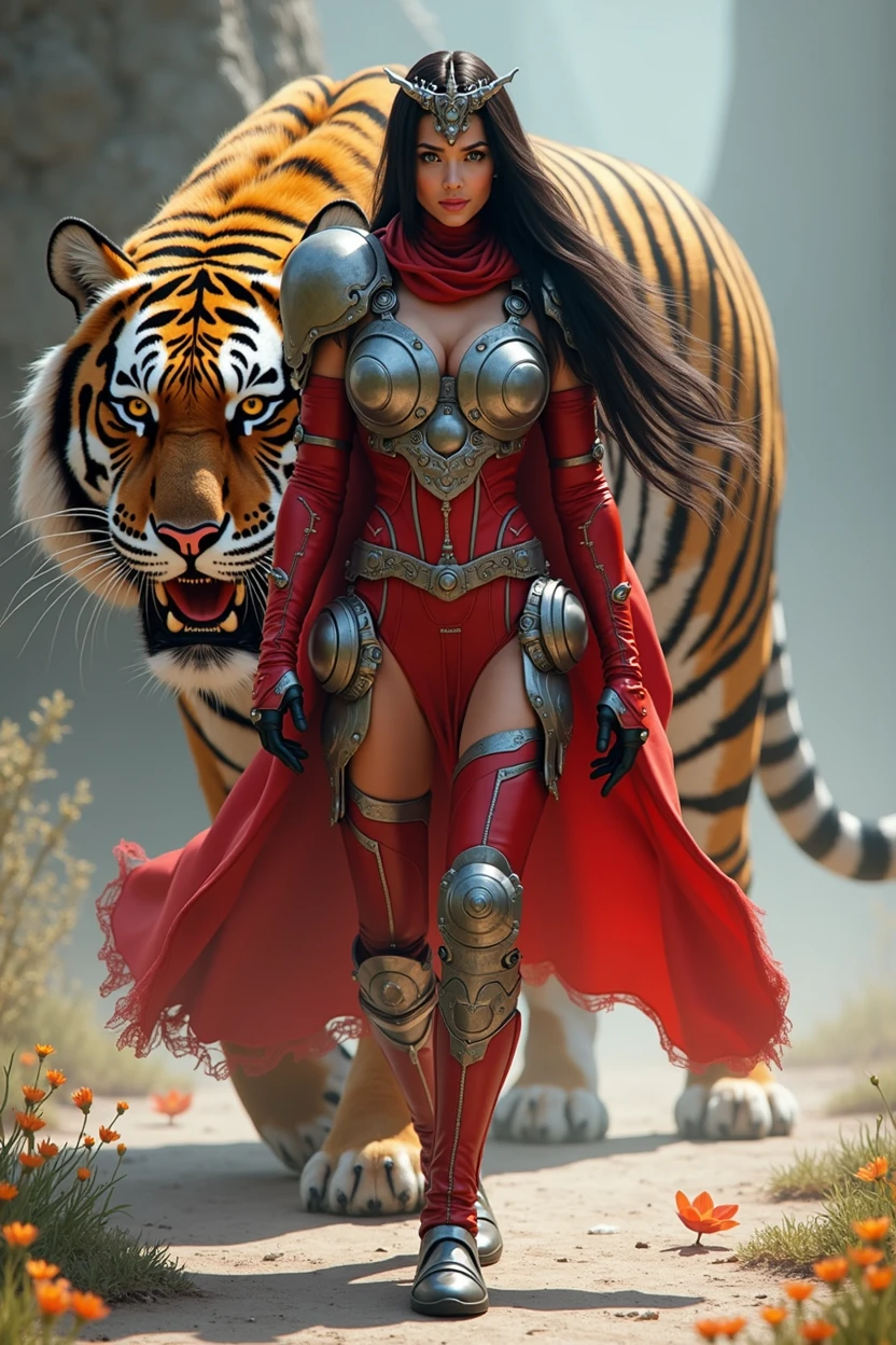 girl is depicted as a striking and powerful figure with a strong, confident presence. She is dressed in a futuristic, cybernetic outfit that accentuates her form. Her attire is a blend of armor and sleek design, featuring red and silver tones that highlight her physique. The outfit includes intricate details, such as metal components and glowing elements, giving her a high-tech, warrior-like appearance.
Her long dark hair flows behind her, and she has a focused, determined expression on her face. The girl also wears a headpiece or tiara, adding to her regal and formidable look. She appears to be walking with purpose, and behind her is a massive, fierce-looking tiger that further emphasizes her powerful and protective nature. The overall scene suggests that she is a guardian or warrior, possibly in a sci-fi or fantasy setting, and the tiger seems to be her companion or protector.