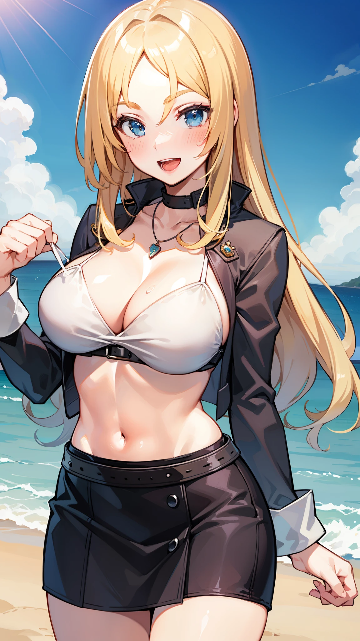 ,,Blonde hair ,resort beach,smile,,solo,large breasts,,blush,milf, solo,view viewer, ,necklace,narrow waist,,white skin,cowboy shot,open mouth, beach, long hair, blonde,beach,outdoor,blue sky,ocean,,tall,military uniform