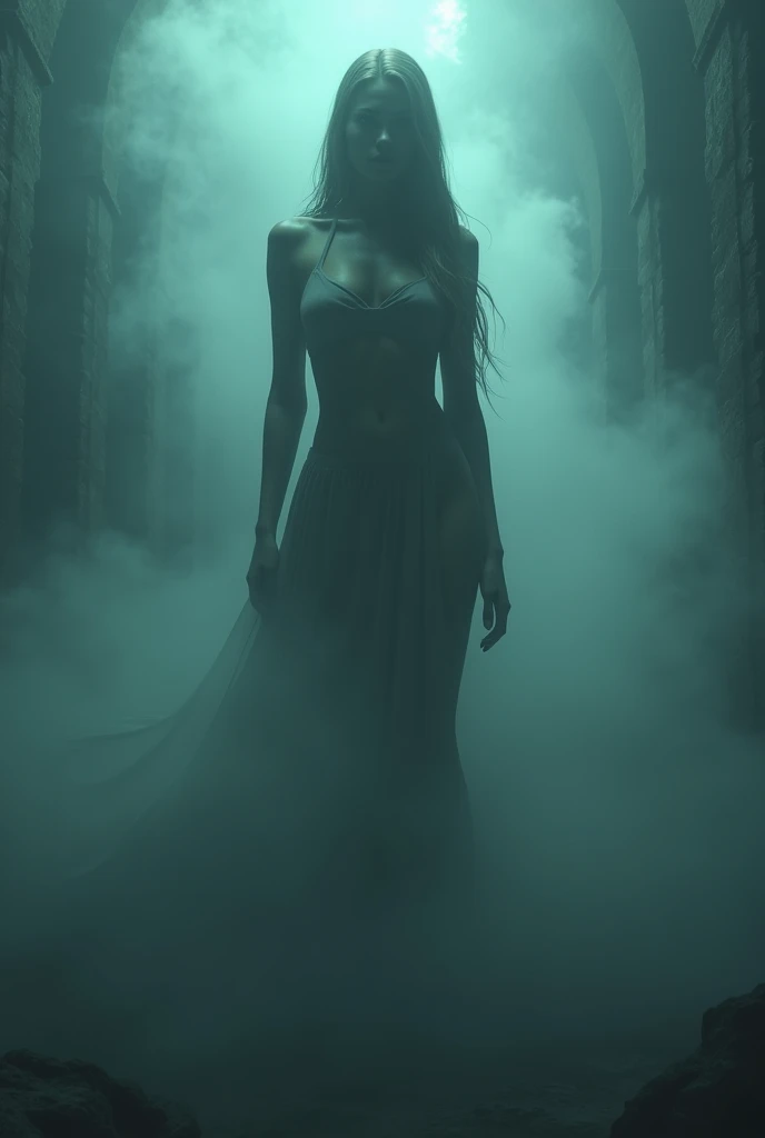 words "Trinidad Virulenta" written in large letters at the bottom of the screen, Mysterious fog, Symbols of Death Appearing Through the Mist., Reaching Out to Grab You, A Sinister Atmosphere, A Production That Induces Anxiety and Fear., ((masterpiece, of the highest quality, Maximum image quality, High resolution, photorealistic, raw photo, 8k)), ((Extremely detailed 8k unified CG wallpaper)), (huge shot of stunning goddess, Very hot and sexy, Amazing beauty, perfect proportions, beautiful body, slim body beauty:1.4),