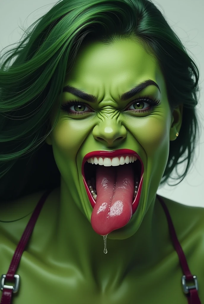 ((best quality)), ((masterpiece)) She-Hulk opens her mouth wide showing you her uvula and super thick slimy and very meaty white Tongue with a sensual expression on her face (photorealistic human tongue)
