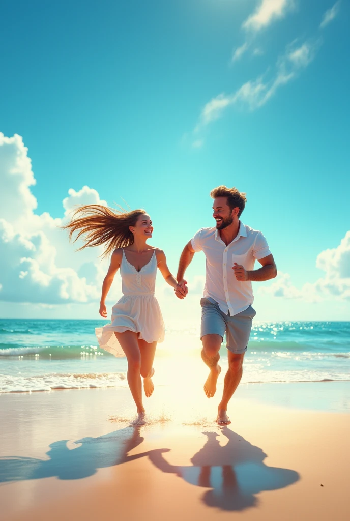 The couple happily ran along the beach.