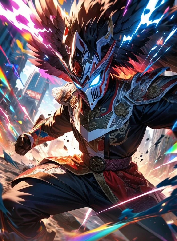 ,absurdres, highres, ultra detailed, HDR, masterpiece, extremely detailed face and eyes,Indonesian Super Hero costume,,red and white Kamen rider ryuki, epic eagle knight mask, ,  , solo, man, handsome, ,, , Epic fight scene, colorful splashing effect,colorful lightning effect,glowing glitters, explosive effect
