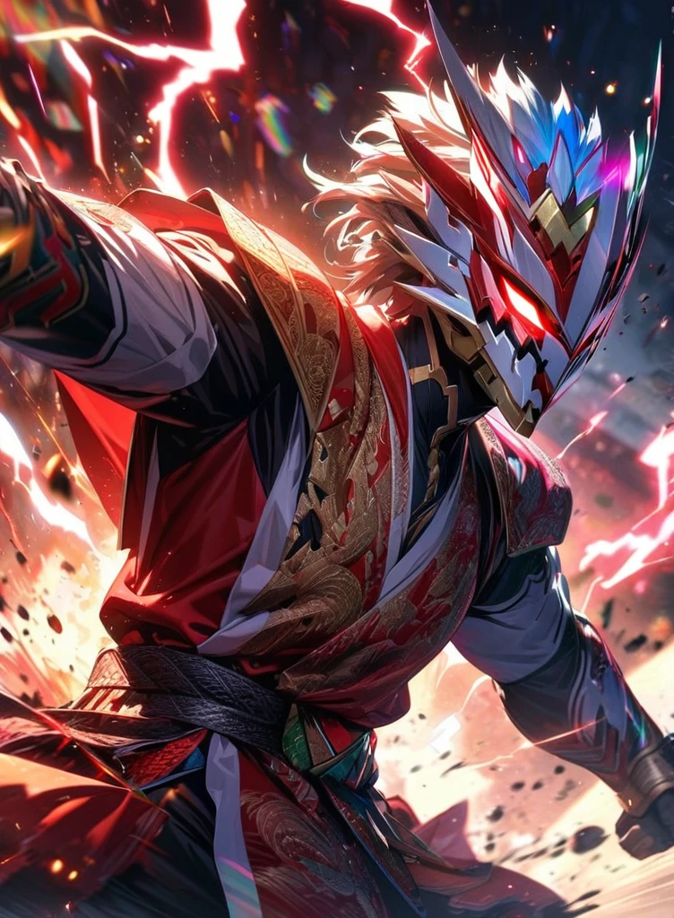 ,absurdres, highres, ultra detailed, HDR, masterpiece, extremely detailed face and eyes,Indonesian Super Hero costume,,red and white Kamen rider ryuki, epic eagle knight mask, , , solo, man, handsome, ,, , Epic fight scene, colorful splashing effect,colorful lightning effect,glowing glitters, explosive effect
