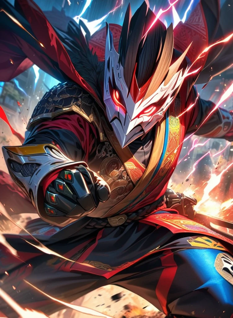 ,absurdres, highres, ultra detailed, HDR, masterpiece, extremely detailed face and eyes,Indonesian Super Hero costume,,red and white Kamen rider ryuki, epic eagle knight mask, ,  , solo, man, handsome, ,, , Epic fight scene, colorful splashing effect,colorful lightning effect,glowing glitters, explosive effect