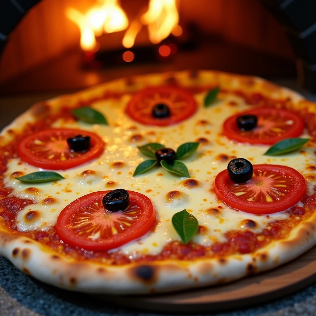 Mozzarella pizza with melted cheese, 5 tomato slices and olives between the tomato slices, few small leaves, pizza coming out of the wood oven was good