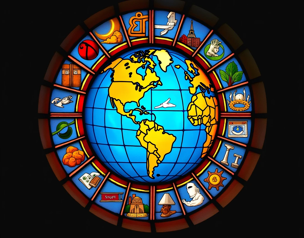 Create an art about globalization. Make it like the stained glass on church windows. Include objects relating to or depicting economy , finance , culture. Diversity, travel, education. Peace, wonders of the world, internet. Just use 1 single big stained glass. Add details like the wonders of the world , dollar peso euro yen sign , food, music, gears , internet , connectivity. Fit to screen. More details. Add 1 plane, 2 suitcase ,3 cogs , money sign , eiffel tower , pyramid , statue of liberty. Just a single big window. Make the globe smaller and the other details bigger. Remove the flowers. Use white line to connect countries together. Show stock prices going up , show books , show phones, laptop, road , airplane , money. Smaller globe or Earth