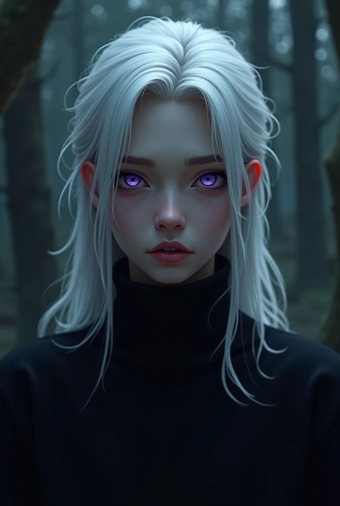 
Young white man. NORMAL and ROUND face. . SMALL and ROUND CHIN. Her lips are thin, NORMAL and beautiful. HIS EYES ARE VIOLET and VERY BRIGHT. his Eyebrows are white. white  hair, VERY LONG and voluminous thrown back. wear a black turtleneck. He has a mysterious appearance and lives in a night forest. He's a good guy.