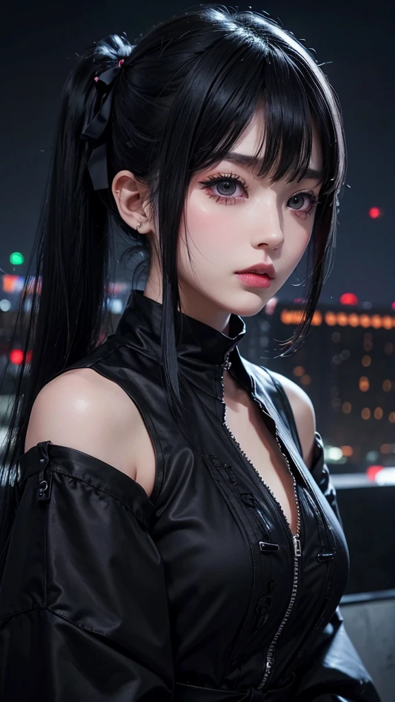 Beautiful woman、night、Neon Town、Twin tails、Black Hair、Heavy bangs、Heavy makeup、Data Fashion、Goth、ribbon