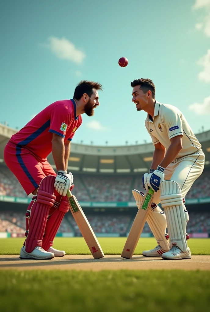 Messi and Ronaldo  playing cricket 