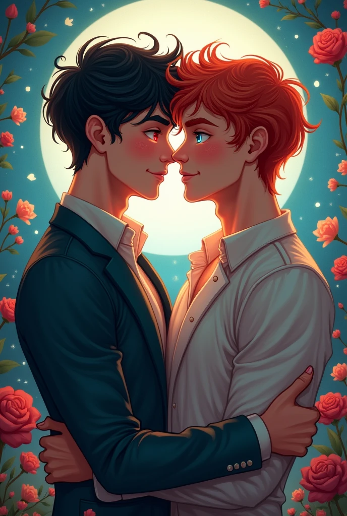 Gay couples one with red hair cyan eyes and second one with black hair red eyes