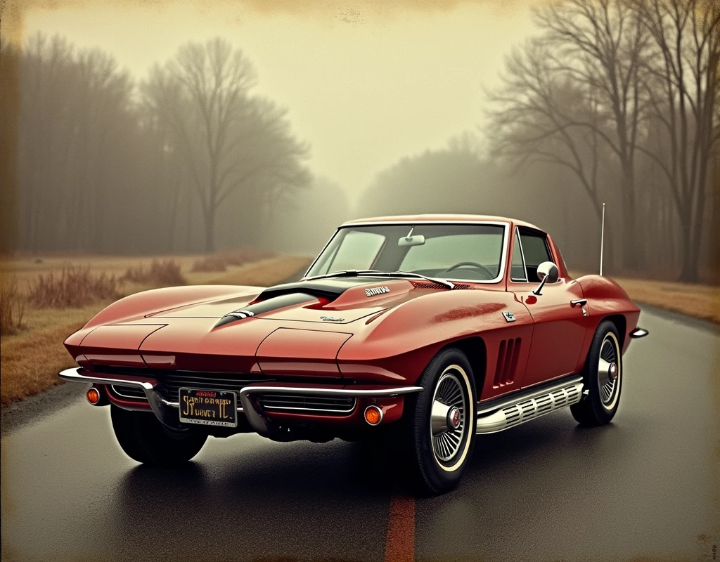 epic photograph of the Chevrolet Corvette Stingray, a legendary American sports car known for its sleek design and powerful performance. The image should evoke a timeless, vintage feel, reminiscent of the 1960s, with a focus on the car's iconic curves and style. The photo should have an old, classic aesthetic, highlighting the Corvette in a nostalgic, yet striking way.