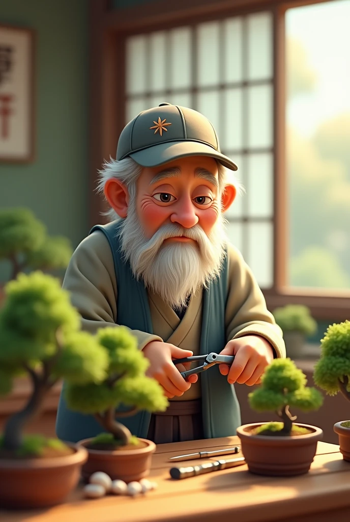Create a 3D cartoon image of an elderly Japanese man with white hair wearing a cap holding a pair of pruning shears.. No fundo, a blurred image of a Japanese style room with a large window. In front of the character, a table with several bonsai trees and gardening materials on the table.