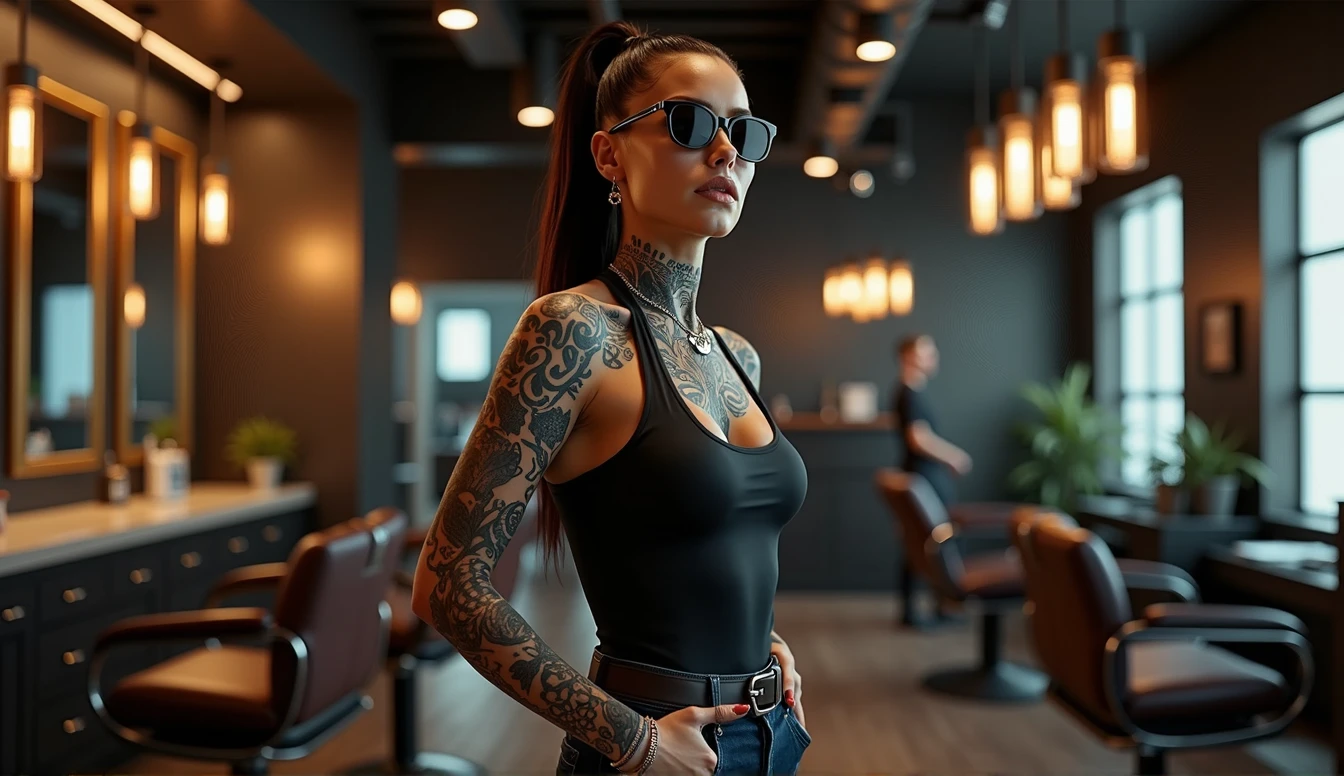 a heavily tattooed and pierced female barber in the empty space of a HI-TECH barber shop, very charismatic, sexy, with a body shape like Monica Bellucci, stunningly interesting, 5'7" tall, 45 years, in dark glasses. 
The style is modern and atmospheric, with an emphasis on detail. The main focus is on the expressiveness of the character and the luxurious setting of the barber shop. 

The angle is chosen so, to show the barber in a close-up from the waist up. This allows you to focus on his charismatic image, tattoos and piercings. The barber occupies the central place in the frame, leaning slightly towards the camera, which creates an effect of intimacy and engagement of the viewer. The barbershop is modern and upscale, with sleek, dark toned decor, leather chairs, and polished surfaces.  The lighting in the room is soft, highlighting the luxury of the barbershop, illuminating interior elements, executed with great attention to detail.

The color palette is kept in warm tones, in rich colors. Dark and rich colors predominate: deep brown and black interior hues, golden yellow and soft warm light accents, illuminating tattoos and details of the room. The barber's skin tone is natural, but somewhat enhanced for contrast with his dark tattoos and clothing. tattoos, In turn,, stand out in bright colors