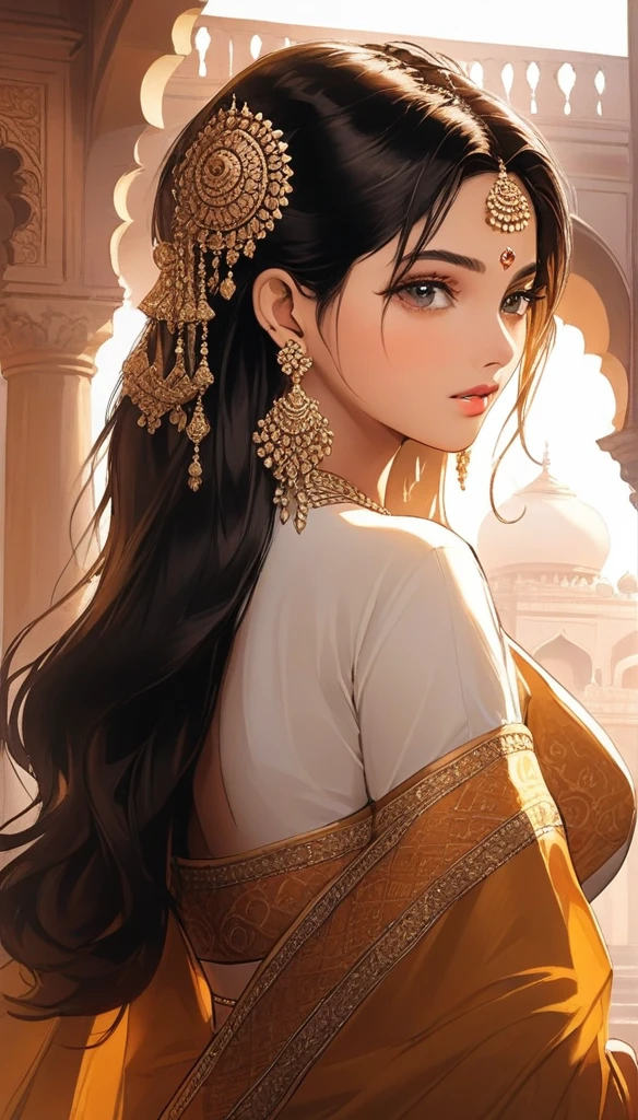 best quality,highres,realistic:1.37)india's most beautiful lady,digital art wonders,princesscore,realistic historical fiction,charming detailed eyes and lips,fierce expression,historical attire,richly embroidered clothing,gold jewelry,dark wavy hair cascading down her back,flowing colorful silk saree,ornate palace in the background,historical architecture,detailed hand gestures,light amber candlelight,soft shadows and highlights,delicate facial features,meticulous attention to detail,subtle nuances of emotion,depth and richness in colors,expressive eyes that convey a sense of longing and strength,royal elegance and regal pose,graceful and confident stance,traditional henna patterns on her hands and feet,dusky complexion that glows in the warm light,realism with a touch of fantasy,impressive artistry,digital brushstrokes,soft and dreamlike ambiance,ethereal beauty,rich cultural heritage,indian independence day and folklore blended with contemporary digital techniques,masterpiece painting,pristine skin complexion,gorgeous traditional makeup,ornamental hair accessories,vibrant colors with a touch of darkness,dark white and light amber color palette,evocative and captivating art that tells a story,attention to historical accuracy while adding a touch of imagination,detailed background with architectural elements and intricate designs,deep emotional connection with the viewer.,big breasts, earrings