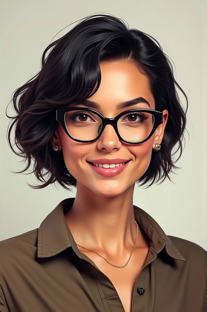 Portrait of a Latina lesbian with short, wavy hair, with glasses and an industrial designer 