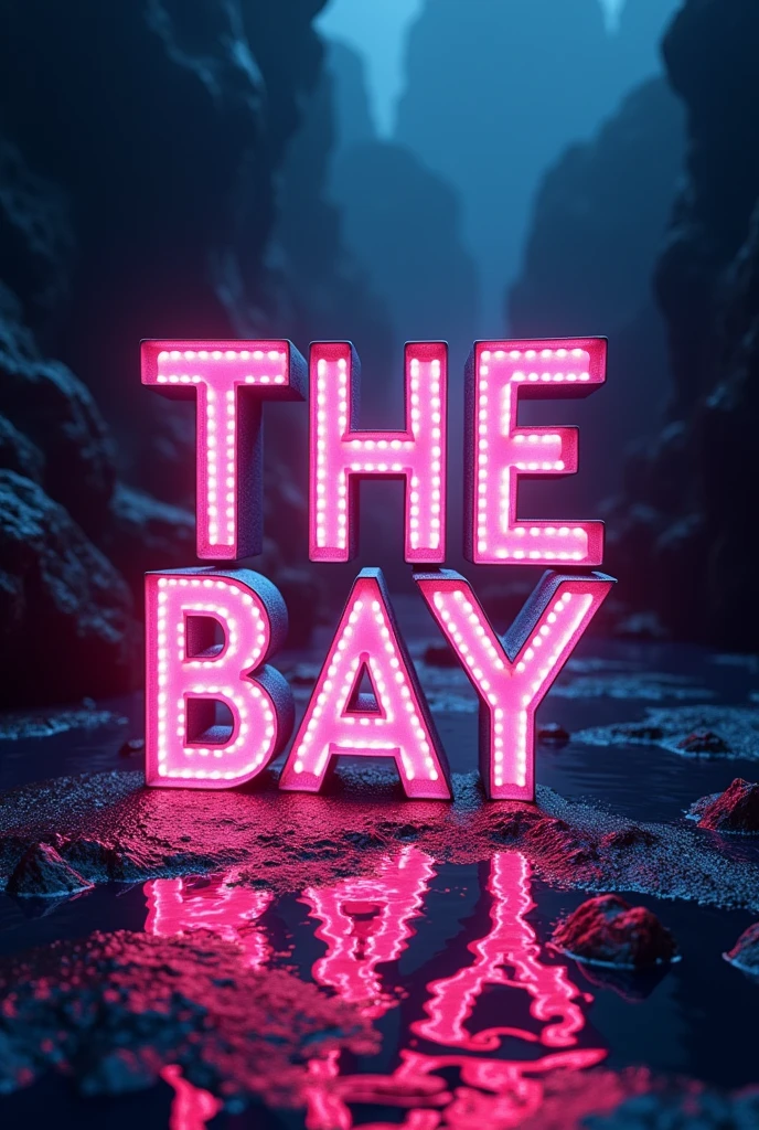 Create a text without a background and put it in the text "THE BAY" and disco or party style and in the background, Make it black and realistic, and also kind of in a water or sea style. 