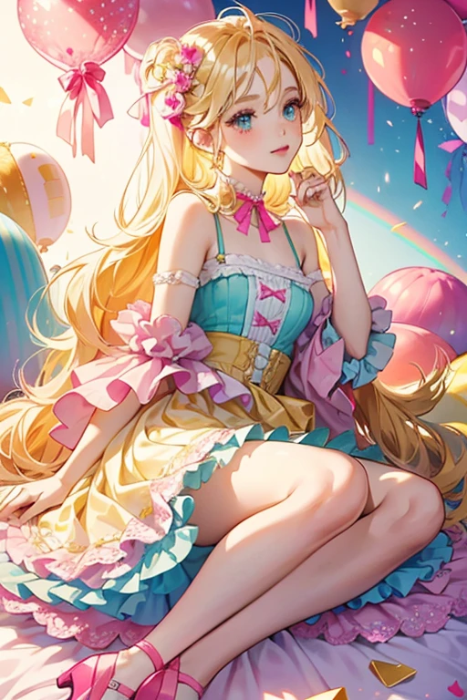 This version has cherry lips and blush, and her eye-shadow is white. Her eyes are pale pink and yellow, and her long blonde hair is worn loose with streaks of gold and peach. On her head is a white ornament with a tiny cake holding a single lit candle, adorned with a turquoise ribbon and hot pink curled streamers. She wears a hot pink top with white scallops resembling frosting around the bottom and top, paired with a yellow, hot pink, and pale blue striped skirt with a cherry lace peplum over it that has rainbow pieces of ribbon and streamers matching the skirt hanging from it. Around her neck is a turquoise ribbon with a yellow ornament, and she wears hot pink shoes with frosting on the toe, and a turquoise stylized heel to accent her ankle strap.  SPARKLE; GLITTER