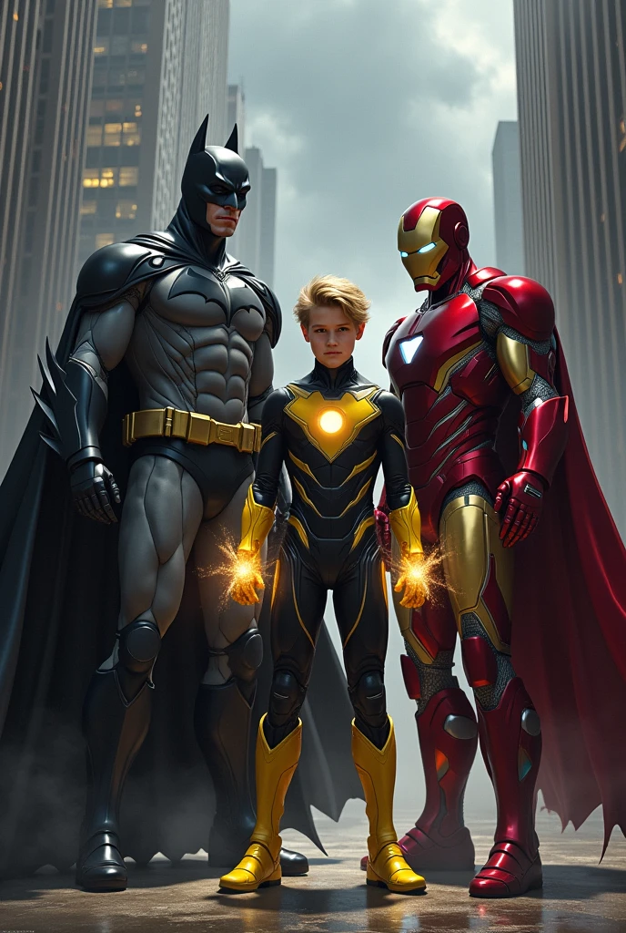 Draw Batman and Ironman and a young blond man in a black and yellow superhero suit who controls energy. 