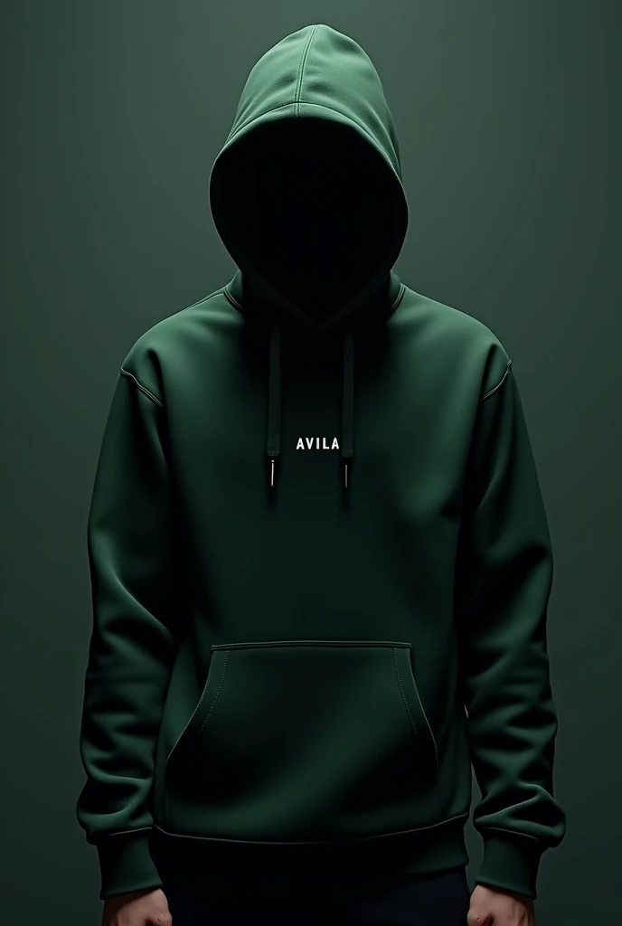 I want a dark green hooded sweatshirt with a small word on the chest that says AVILA 

