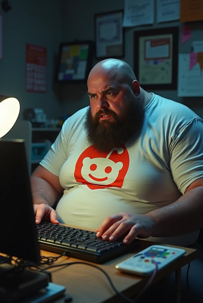 Angry obese neckbeard with a shirt that says: Reddit, typing on his computer in his bedroom