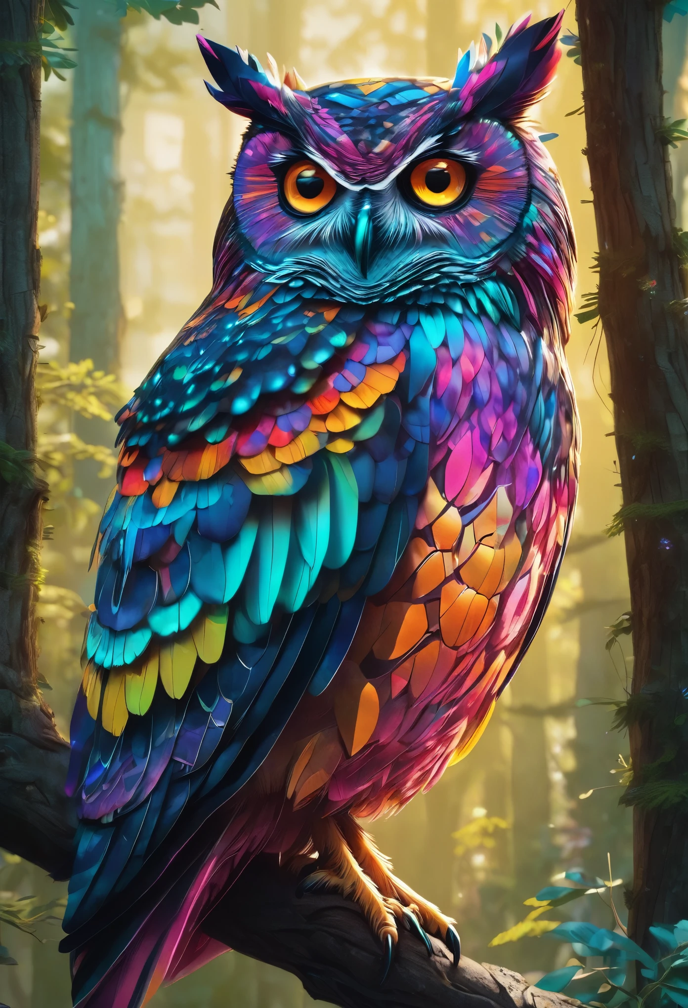 A close-up of a colorful owl perched on a tree branch., 光りglowing owl, Beeple and Jeremiah Kettner, Colors with attention to detail, 8K high quality, detailed art, 4K Highly Detailed Art, Highly detailed 4K art, 8K Highly Detailed Art, Puzzle Art, glowing owl, Detailed painting 4k, Highly detailed digital artwork, Highly detailed digital art