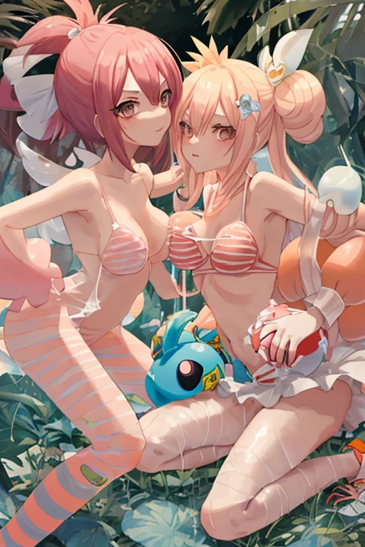 NSFW, hyper photorealistic, Super lewd melty 2 people, yuri, Cuteness Pop Style, Taut body, Huge breasts, Ahegao, Ikigao, SEX, Wet , bare , Enlarged clitoris , Insert the tentacle into , kissing, Raped by tentacles, Heavenly Sunny Beach, Up, Ultra-detailed