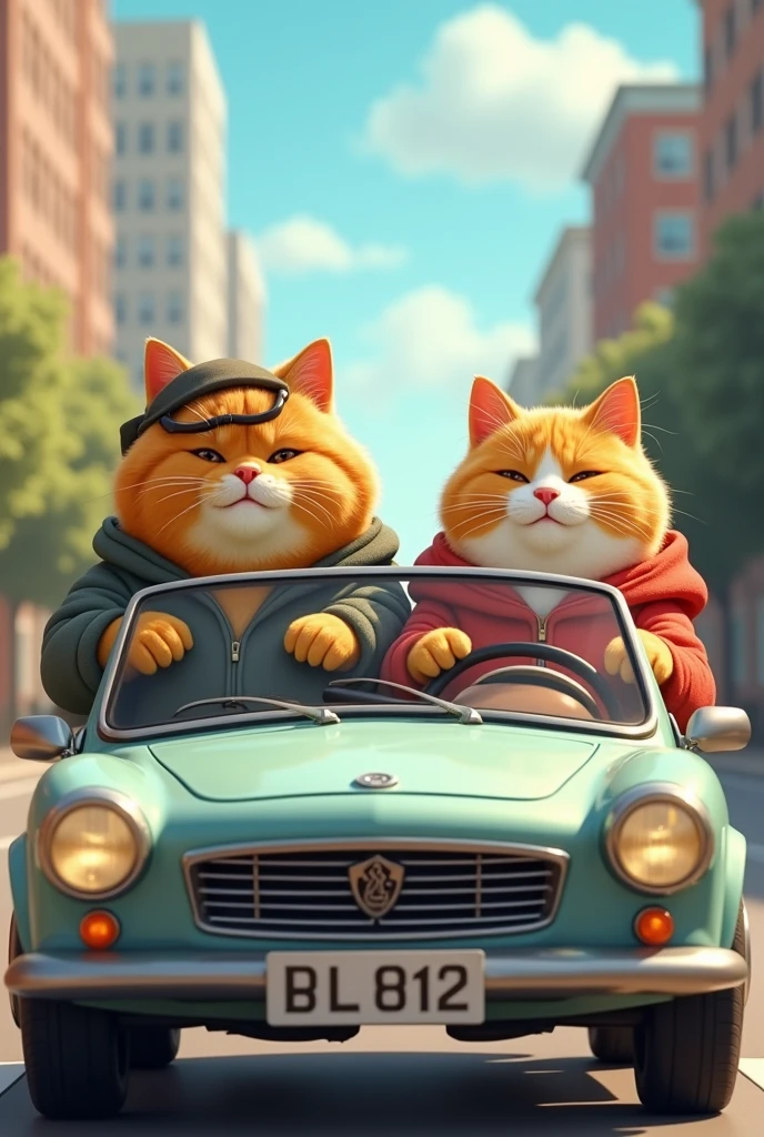 A pair of cute chubby cats are in a car, with the male cat behind the wheel, concentrating on driving, while the female cat sits beside him, looking relaxed and pampered. Both cats are dressed in casual, human-like clothing, giving the scene a charming and whimsical vibe as they enjoy their drive together. camera position in front of car, location in city street.