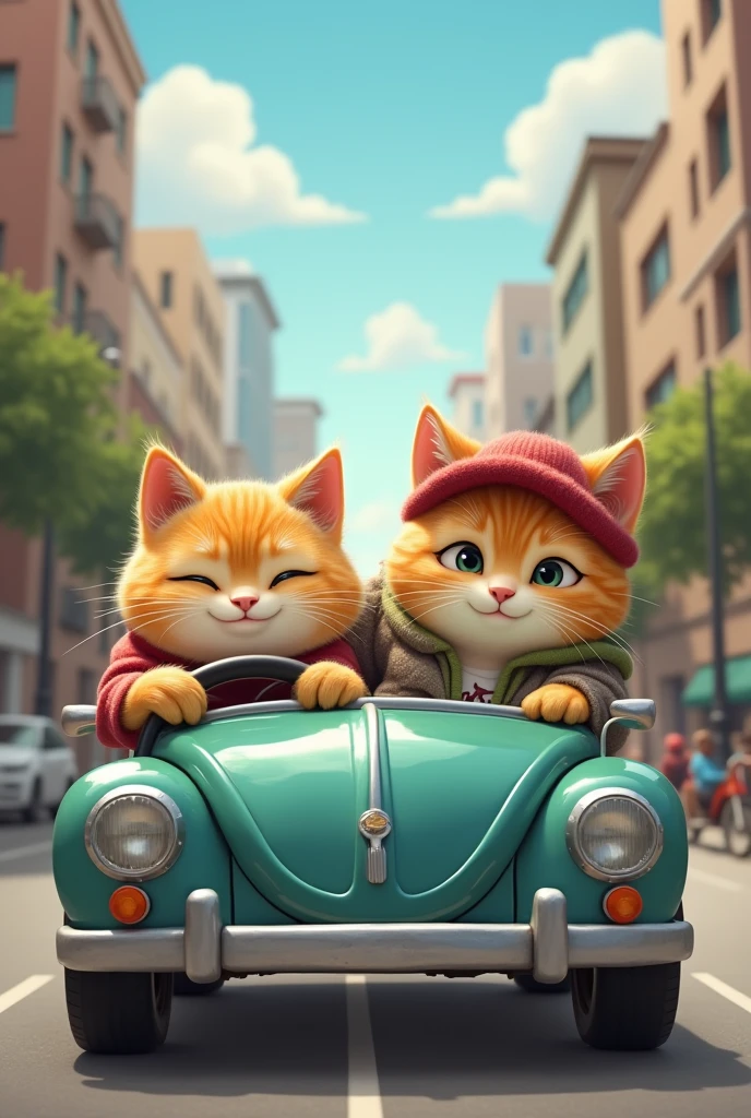A pair of cute chubby cats are in a car, with the male cat behind the wheel, concentrating on driving, while the female cat sits beside him, looking relaxed and pampered. Both cats are dressed in casual, human-like clothing, giving the scene a charming and whimsical vibe as they enjoy their drive together. camera position in front of car, location in city street.
