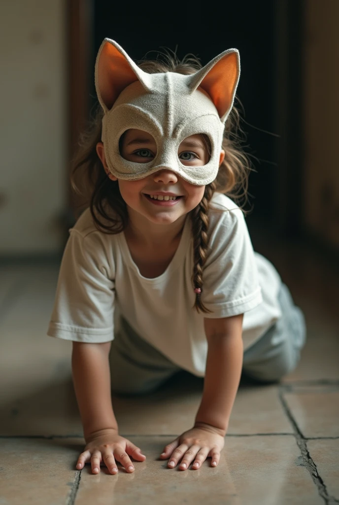 Beautiful Greek girl like a cat wearing a mask, baby face, (highest quality), (RAW photo),cat ears, big t-shirt, smile of shame, crawl on all fours, (From above),wear a mask
