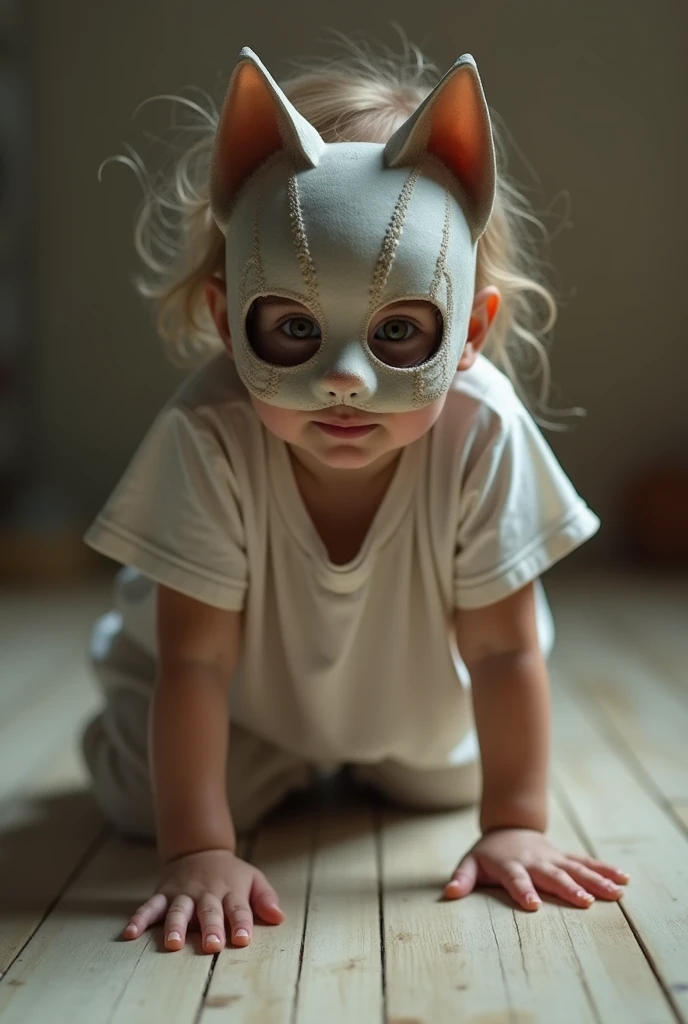 Beautiful Greek girl like a cat wearing a mask, , (highest quality), (RAW photo),cat ears, big t-shirt, smile of shame, crawl on all fours, (From above),wear a mask